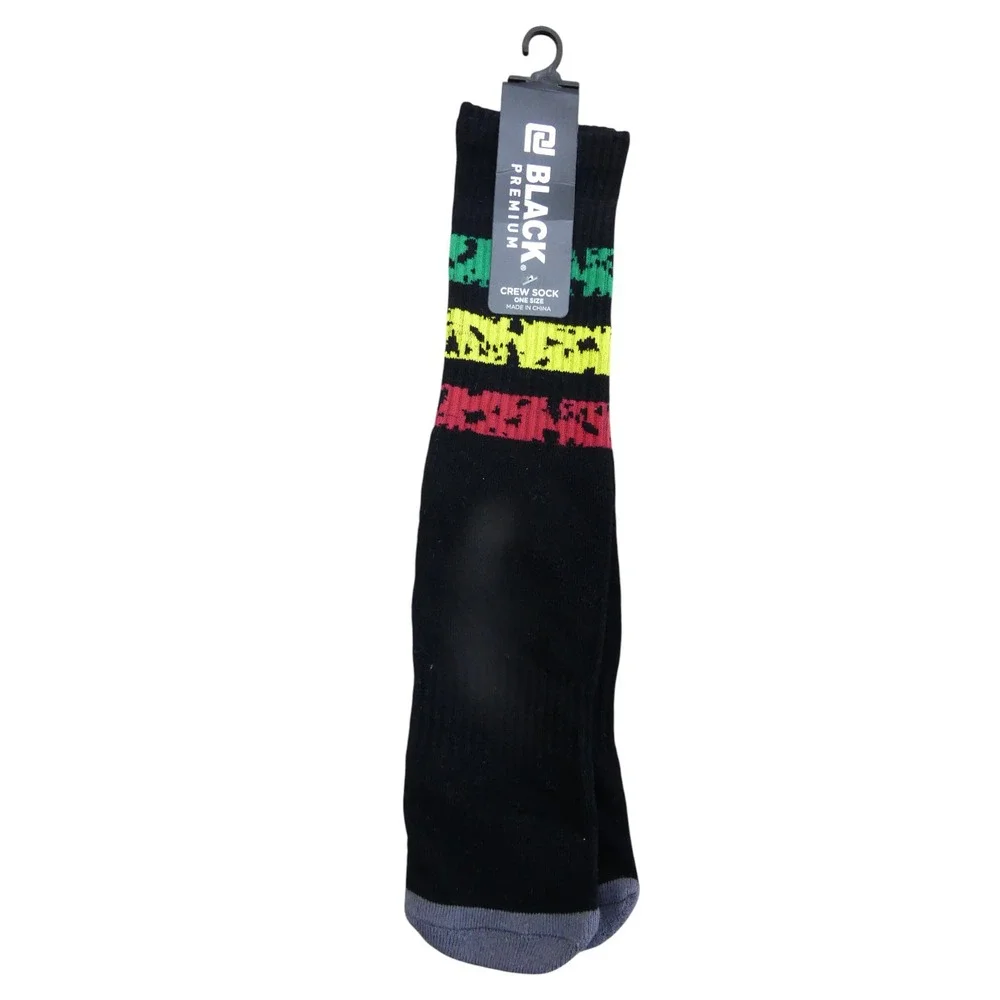 rue21 Black Premium Crew Socks Mens OS Black NWT Green Yellow Red Stripes